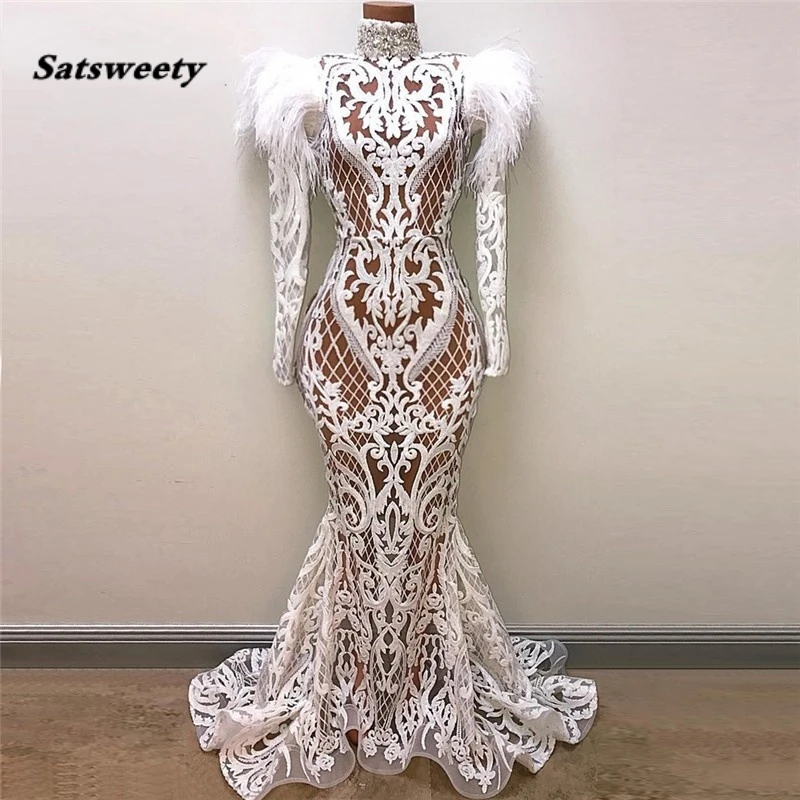 

White Mermaid Evening Dresses Robe De Soiree Illusion Arabic Party Gowns Feather Beaded Dubai Abaya Kaftan Long Prom Dress