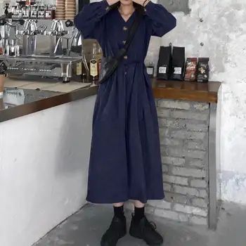 

2020 Spring Long Sleeve Sundress ZANZEA Women Corduroy Shirts Dress Vintage Casual Solid Belted Long Maxi Vestidos Female Robe