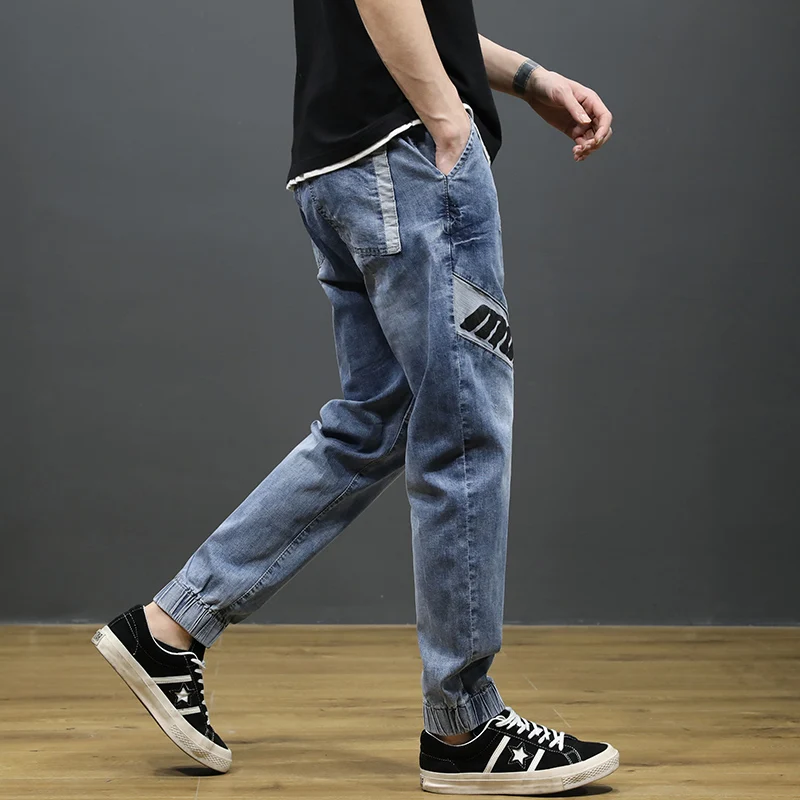 Japanese Style Fashion Men's Jogger Jeans Light Blue Color Streetwear Punk Pants Hip Hop Jeans Men