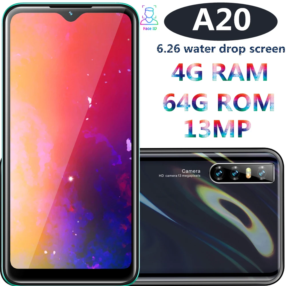

A20 smartphones Water drop screen 6.26inch 4G RAM 64G ROM quad core 13mp Face ID unlocked android mobile phones celulares Global