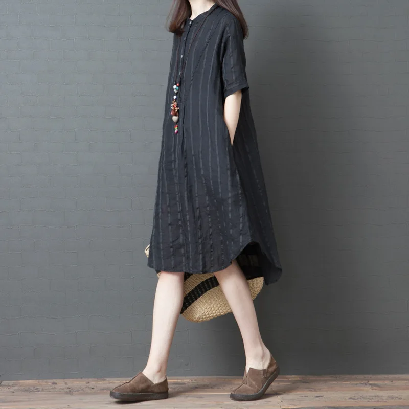 Women's Summer New Style 2019 Korean-style Loose And Plus-sized WOMEN'S Dress Fashion Ramie Stripes Shirt Dress