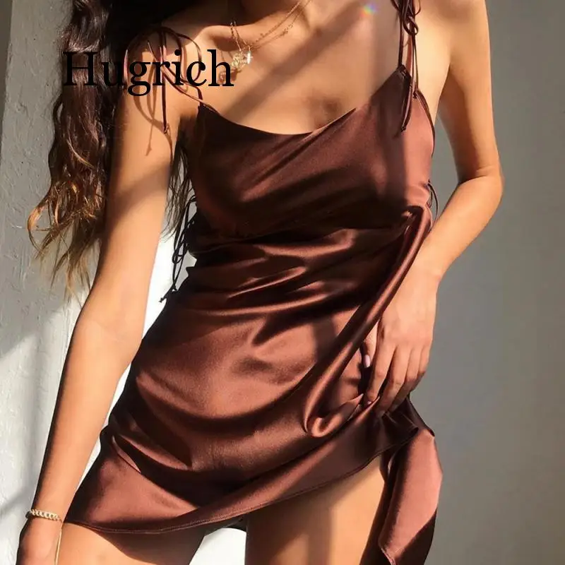 

2020 Women Lace Up Adjustable Spaghetti Strap Summer Dress Satin Soft Casual A Line Beach Mini Dresses Clothing New