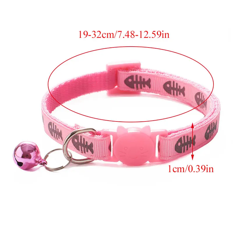 19-32cm 1.0cm Adjustable Cat Collar Cute Reflective Fishbone Print Nylon Pet Puppy Dog Collar with Bells For Small Medium Dog