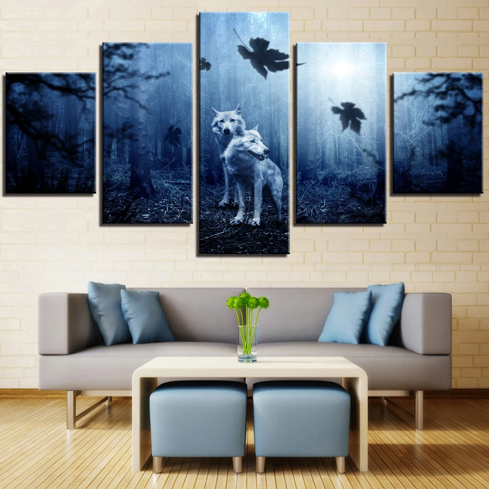 Фото Постеры с животными печать 5 шт. холст белый волк в лесу ночью картина настенные