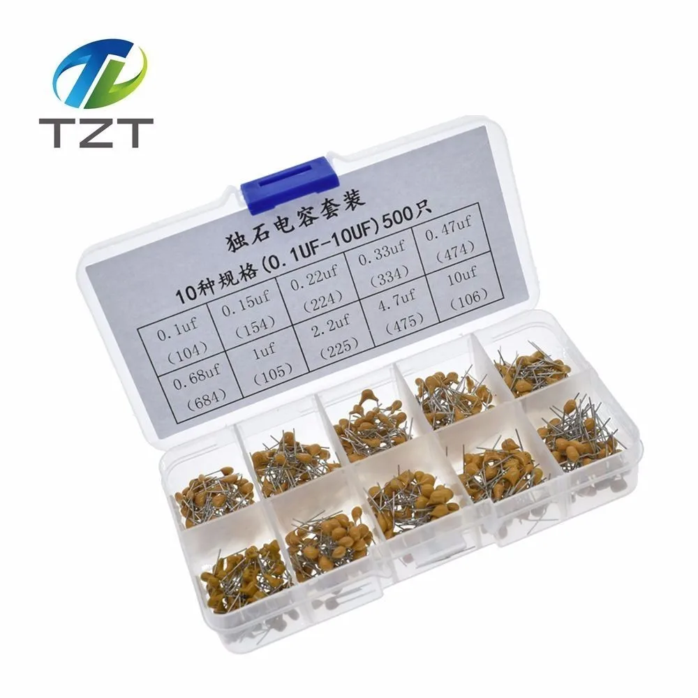 TZT 500pcs/lot Multilayer Ceramic Capacitor Assortment Kit 10Values*50pcs 0.1uF-10uF(104~106) 50V Ceramic Capacitors Set pack
TZT 500pcs/lot Multilayer Ceramic Capacitor Assortment Kit 10Values*50pcs 0.1uF-10uF(104~106) 50V Ceramic Capacitors Set pack