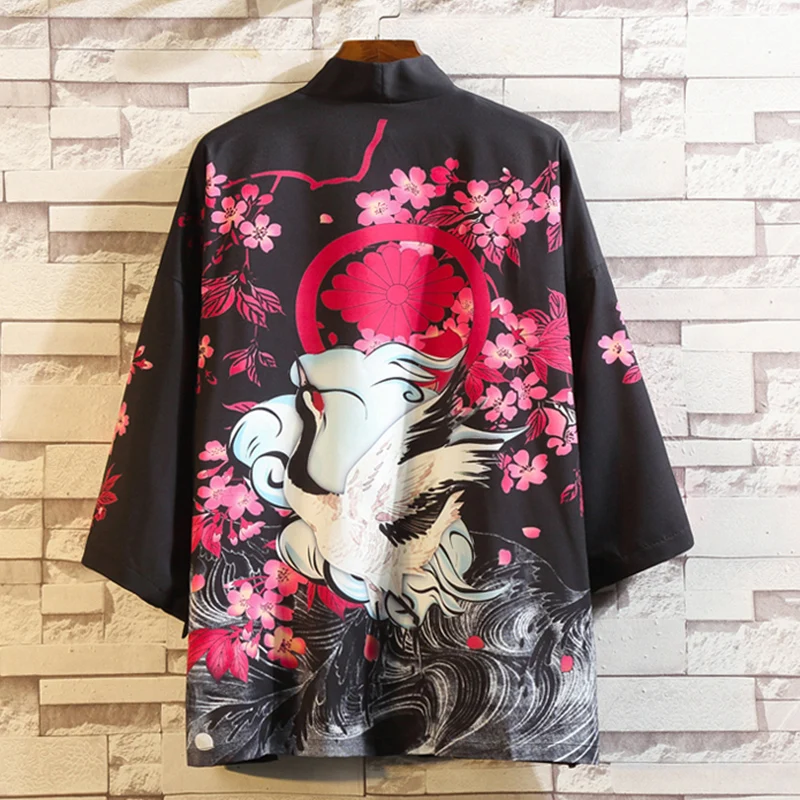 Japan Style Sakura & Crane Printed Kimono Jacket Men Thin Coat Stand Collar 100% Polyester Mens Open Placket Floral Cardigan