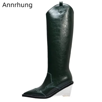 Green Riding Boots Women Solid Genuine Leather Botas Point Toe Clear High Wedges Heel Bottes Side Zip Slim Knee High Boots Woman 
Green Riding Boots Women Solid Genuine Leather Botas Point Toe Clear High Wedges Heel Bottes Side Zip Slim Knee High Boots Woman