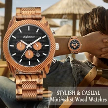 

Mens Wooden Watches Multifunction Wood Watch for Men Three Sub-dial Date Display Analog Quartz Japanese Movement Wristwatch