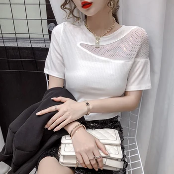 Women's Diamonds T-shirt Patchwork fabric Short-sleeved Slim Korean Club Sexy Fashion T-shirt Wild Woman Tees Female Tops LS371 
Women's Diamonds T-shirt Patchwork fabric Short-sleeved Slim Korean Club Sexy Fashion T-shirt Wild Woman Tees Female Tops LS371