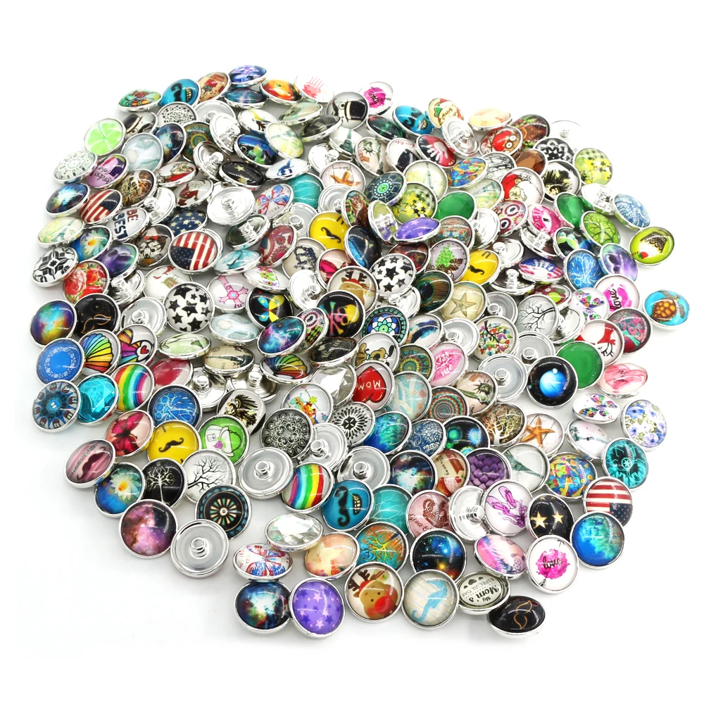 

50pcs/Bag Wholesale Mix Random Sales Glass Resin Alloy Snap 18mm Jewelry Buttons for DIY Interchangeable Snap Bracelet Necklaces