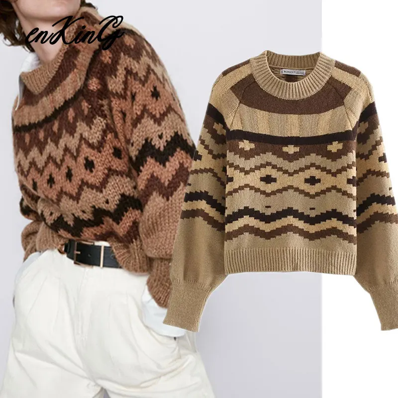 

2019 winter za sweaters women pull femme england indie folk vintage wool Jacquard weave o-neck sweaters women pullovers tops