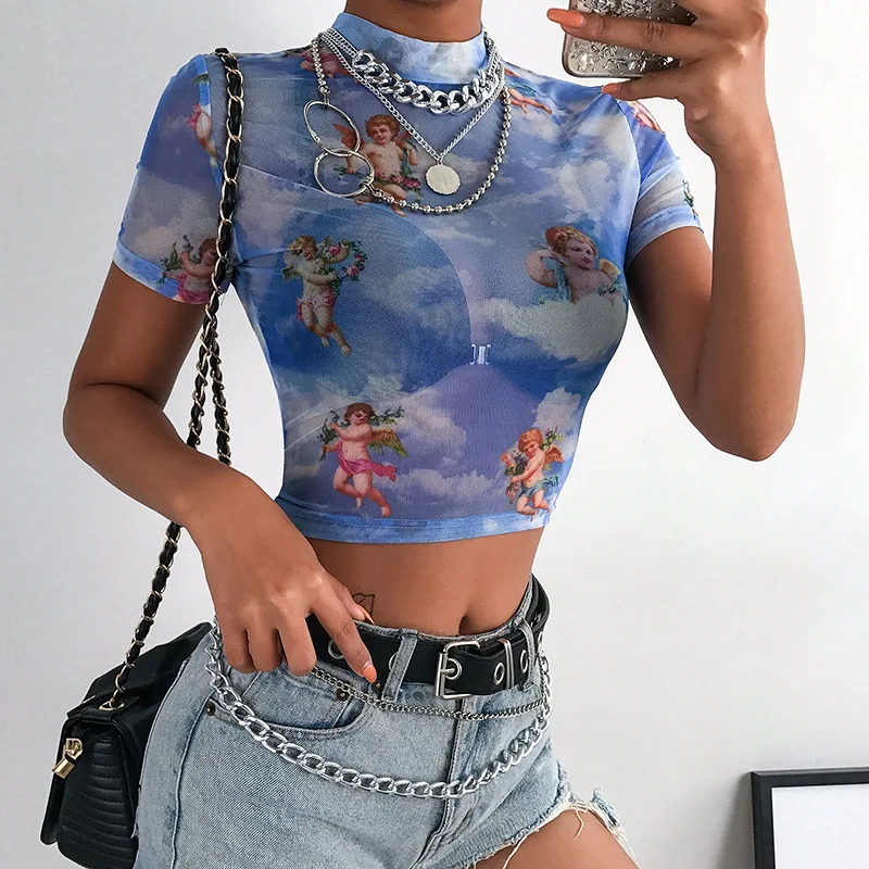 Sexy Mesh Crop Top Shirt Angel Print High Neck Short Sleeve OUT1076 Sexy Mesh Crop Top Shirt Angel Print High Neck Short Sleeve OUT1076
