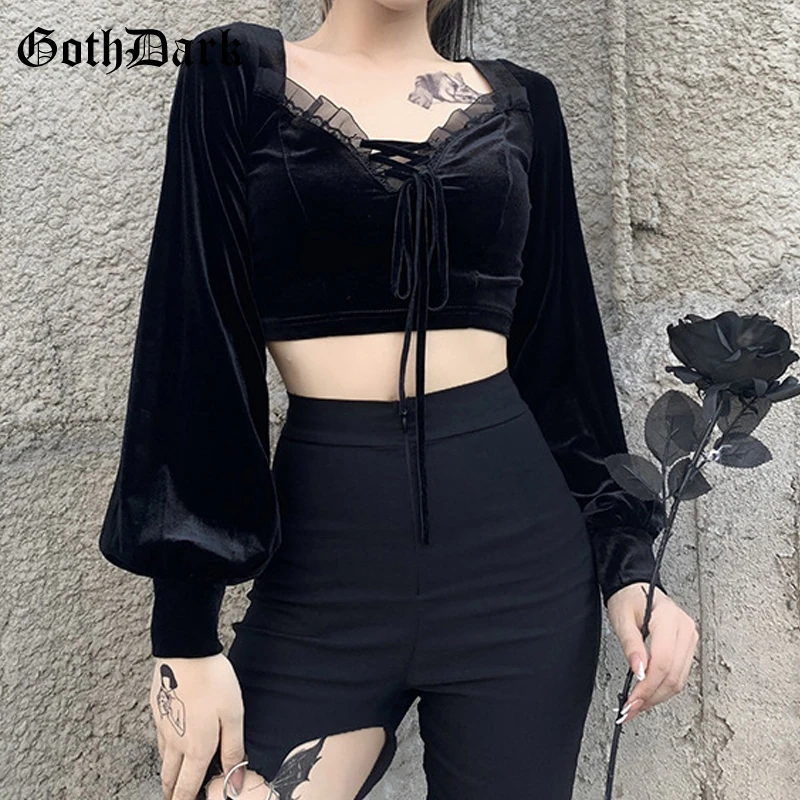 Женское бархатное короткие футболки Goth Dark черное кружевное топы с