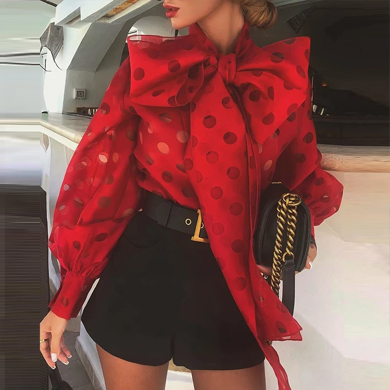 Women Dot Hollow Out Lantern Sleeve Knotted Blouse Transparent T Shirt Elegant Big Bow Knot White Red Blusa 2019 Casual T-shirts
Women Dot Hollow Out Lantern Sleeve Knotted Blouse Transparent T Shirt Elegant Big Bow Knot White Red Blusa 2019 Casual T-shirts