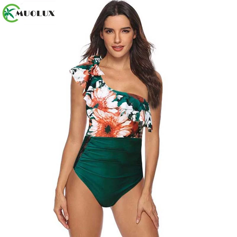 Swimsuit 2020 One Piece Ruffle Swimwear Women Bathing Suit Monokini Summer Shoulder Print Lace Ruched Mesh Swim XL | Спорт и