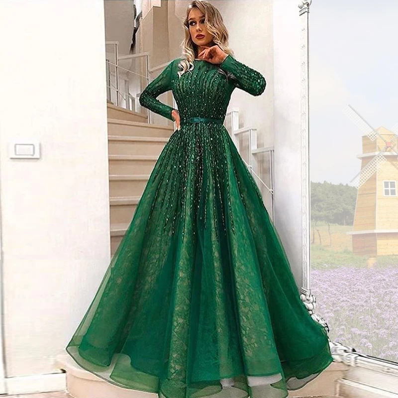 Modest Jewel Long Sleeve Beaded Lace Formal Prom Evening Dress Gown for Wedding
Modest Jewel Long Sleeve Beaded Lace Formal Prom Evening Dress Gown for Wedding