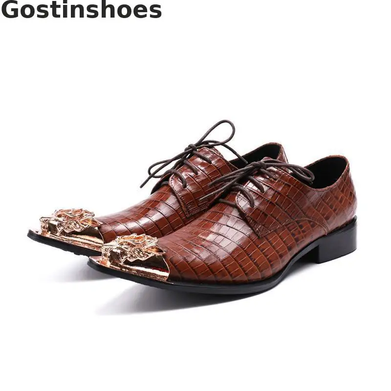 Quality Men Shoes Brown Genuine Leather Crocodile Skin Printed Metal Capped Toe Pointed Slip-on Casual Leather Shoes Derby Shoes
Quality Men Shoes Brown Genuine Leather Crocodile Skin Printed Metal Capped Toe Pointed Slip-on Casual Leather Shoes Derby Shoes