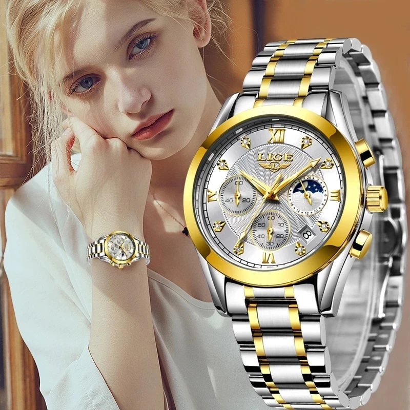 LIGE 2021 новые модные часы женские креативные стальные с браслетом