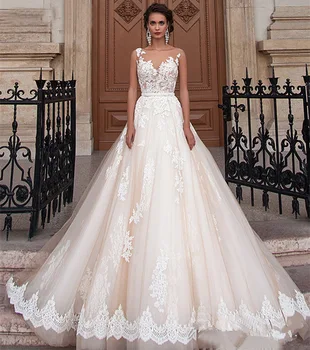 Romantic Champagne Wedding Dresses with Detachable Beading Sash 2020 Lace Applique Sheer Neck Backless Sleeveless Wedding Gowns
Romantic Champagne Wedding Dresses with Detachable Beading Sash 2020 Lace Applique Sheer Neck Backless Sleeveless Wedding Gowns