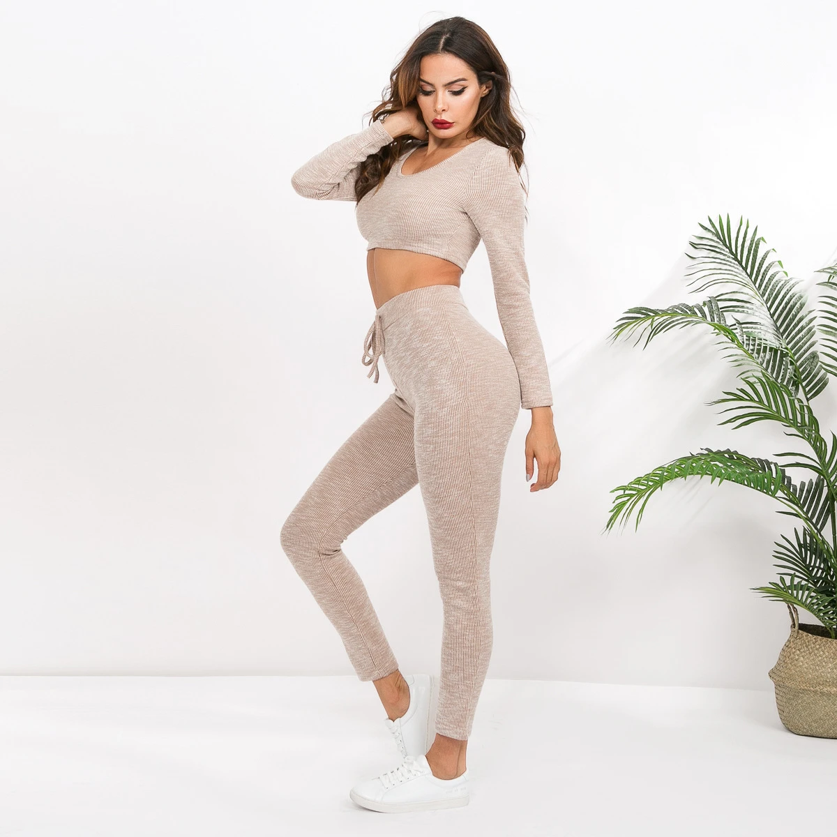 Gray Two Piece Set Women Club Outfits Ribbed Knitted Suit Long Sleeve Crop Top And Skinny Pants Female Tracksuits for Women Set Gray Two Piece Set Women Club Outfits Ribbed Knitted Suit Long Sleeve Crop Top And Skinny Pants Female Tracksuits for Women Set