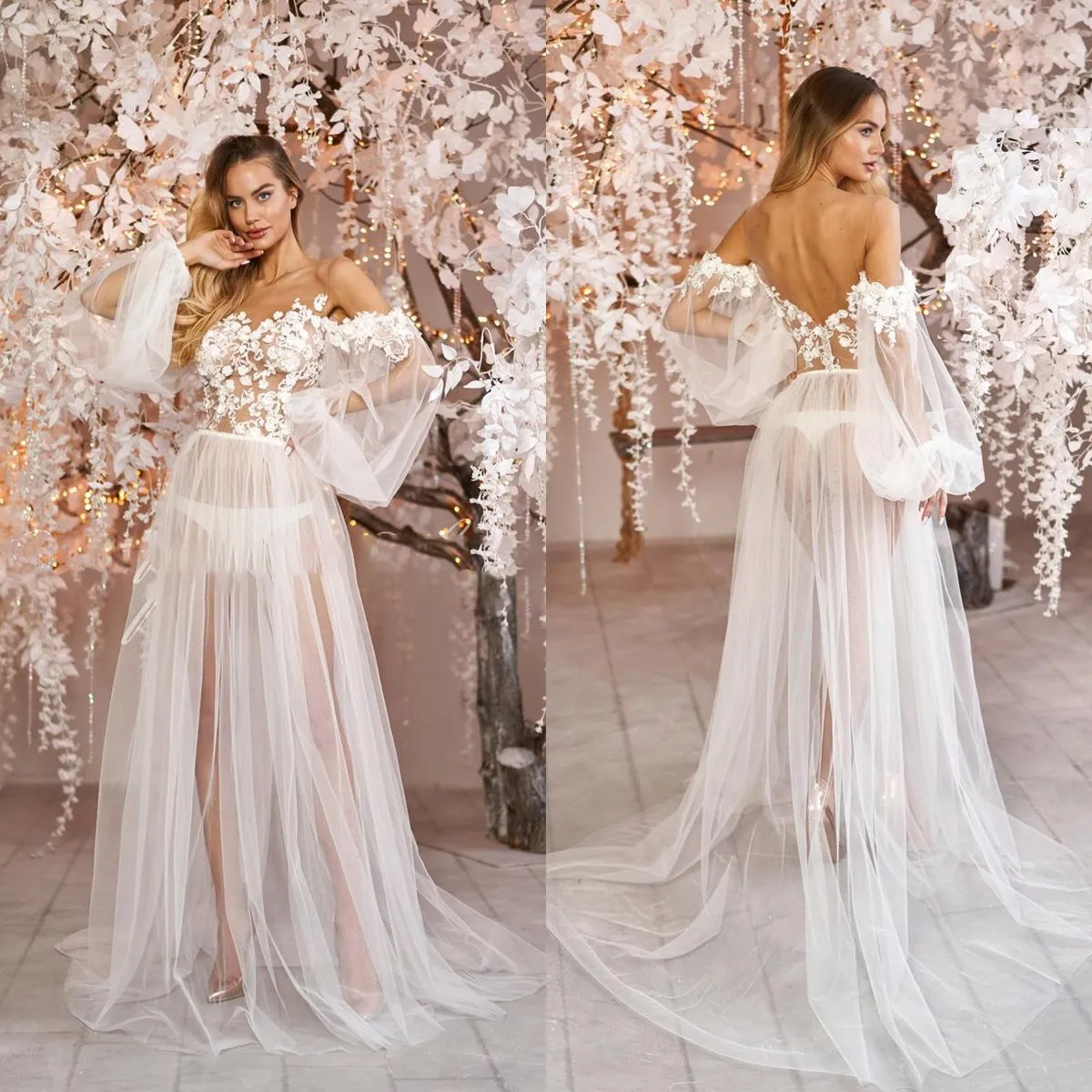 Белая Пижама, женский халат с открытыми плечами и длинными рукавами, Свадебный халат с кружевной аппликацией, ночная рубашка, пижама на заказ