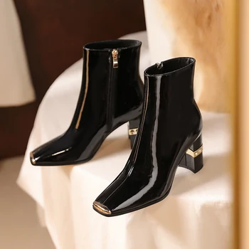 Fashion Zipper Short Boots high Heeled women boots Metal Square toe Women Autumn Winter Ankle Boots Party Shoes Woman 
Fashion Zipper Short Boots high Heeled women boots Metal Square toe Women Autumn Winter Ankle Boots Party Shoes Woman