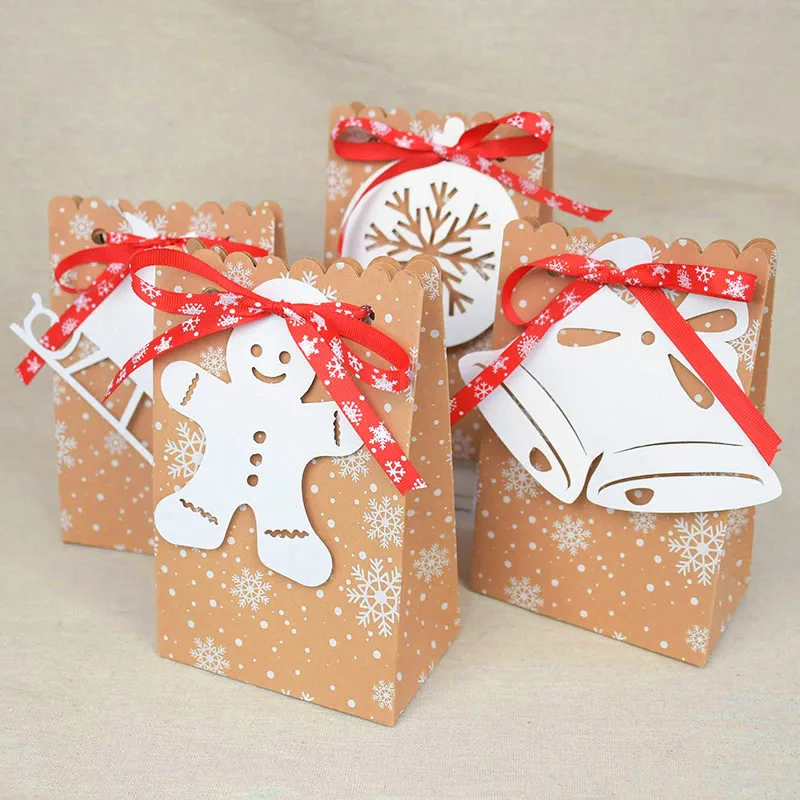 

12pcs Drawstring Christmas Jewelry Kraft Paper Gift Bags with Snowflake snowman Card Winter Birthday Xmas Favors Packaging Bag