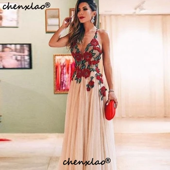 Spaghetti Straps Evening Dresses Sleeveless Deep V-Neck Formal Dress Appliques Flowers Dubai Saudi Arabic вечернее платье 
Spaghetti Straps Evening Dresses Sleeveless Deep V-Neck Formal Dress Appliques Flowers Dubai Saudi Arabic вечернее платье