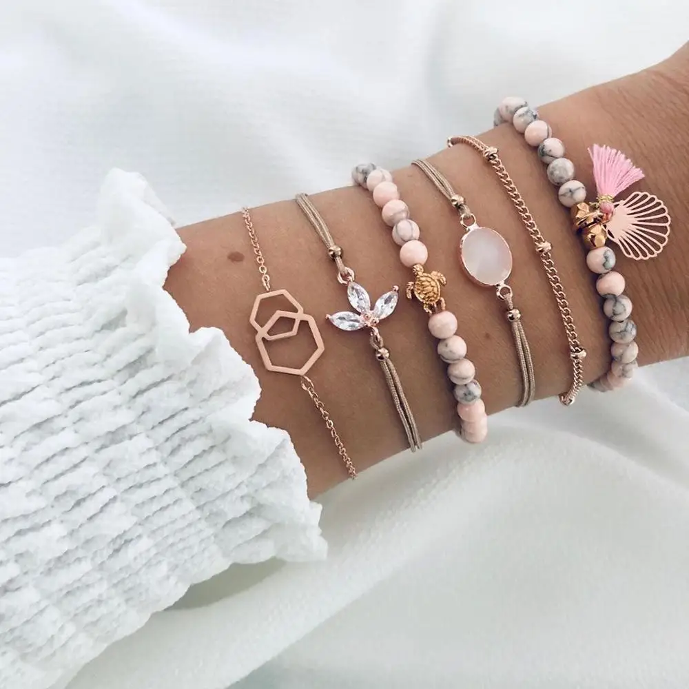 6 pcs/set Natural Stone Beads Strand Bracelets Gold Sea Turtle Shell Charm Bracelets Woman Crystal Flower Hexagon Braclets Set
6 pcs/set Natural Stone Beads Strand Bracelets Gold Sea Turtle Shell Charm Bracelets Woman Crystal Flower Hexagon Braclets Set