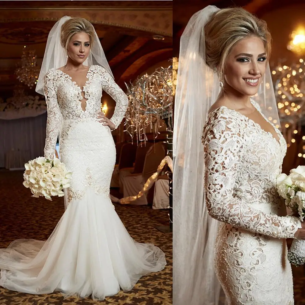 

Wedding Dresses Mermaid Lace Luxury Pearls Trumpet Garden Bridal Gown Long Sleeves Deep V Neck Inspired