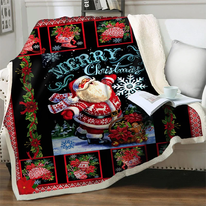 

Santa Claus 3D Print Plush Fleece Blankets Fashion Quilts Beddings Home Office Washable Merry Christmas Kids Gift Sherpa Blanket