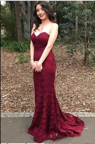 

vestido 2018 Wine Maid of Honor Wedding Guest Party Gown Elegant Burgundy Sweetheart Lace Mermaid Cheap Long Bridesmaid Dresses