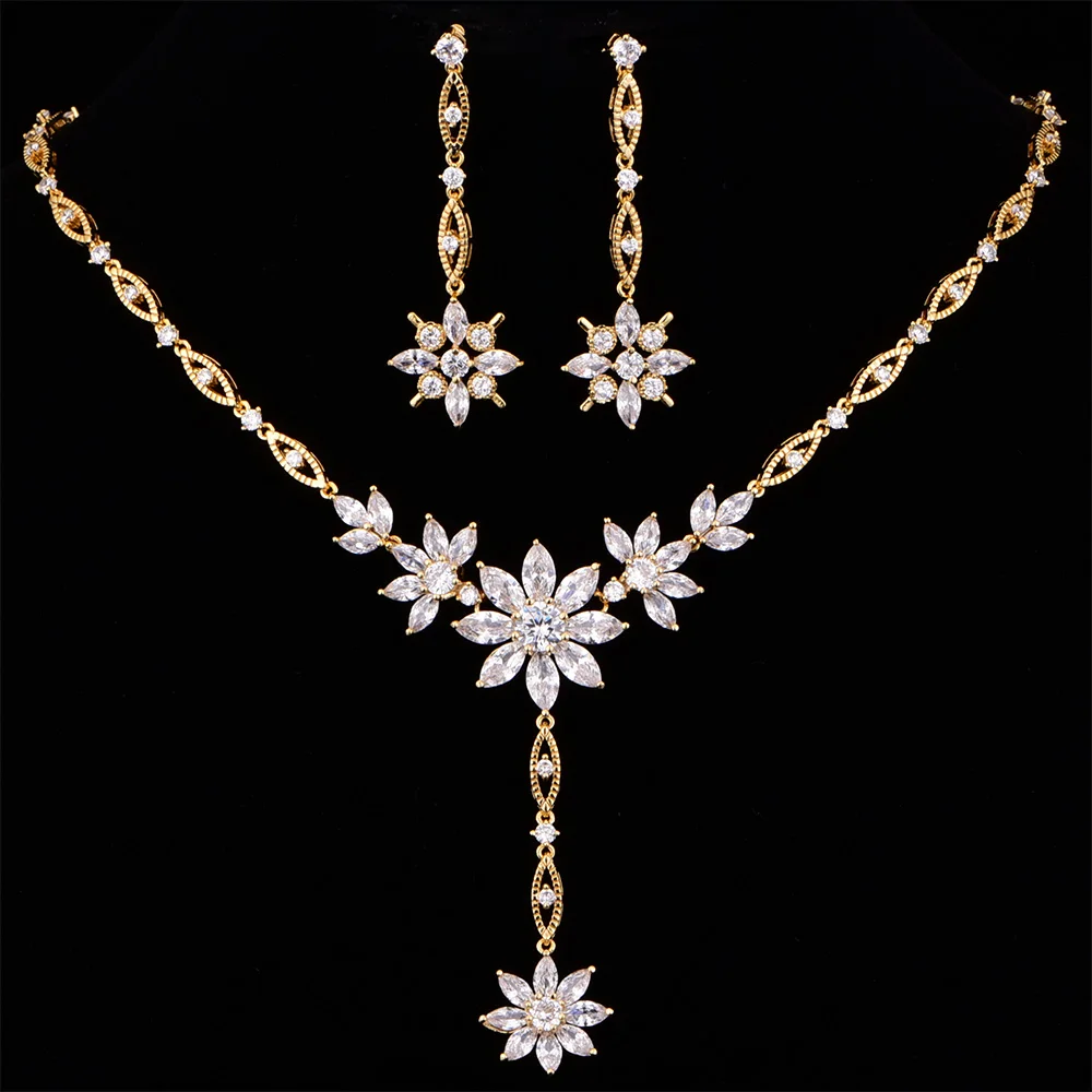 

Vintage Gold Deep V Cubic Zirconia Wedding Necklace and Earring Set For Women Party Jewelry Girlfriend Gift CZL-6022