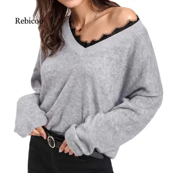 2019 V-neck solid color ladies sweater ladies long-sleeved lace knit pullover loose sweater vest top
2019 V-neck solid color ladies sweater ladies long-sleeved lace knit pullover loose sweater vest top