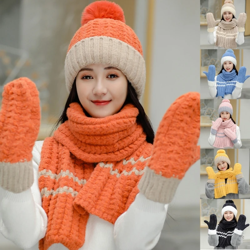 Women Winter 3Pcs Pompom Beanie Hat Long Scarf Gloves Set Contrast Color Chunky Knit Plush Lined Skull Cap Neck Warmer Mittens
Women Winter 3Pcs Pompom Beanie Hat Long Scarf Gloves Set Contrast Color Chunky Knit Plush Lined Skull Cap Neck Warmer Mittens