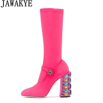 Designer Gemstone Chunky Heels Elastic Boots Women Rose Red Round Toe Mid Calf Botas Woman Patchwork Crystal Buckle Party Shoes
Designer Gemstone Chunky Heels Elastic Boots Women Rose Red Round Toe Mid Calf Botas Woman Patchwork Crystal Buckle Party Shoes