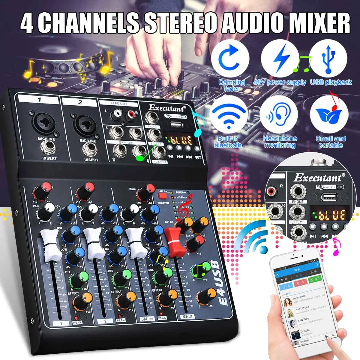 4 Channels Professional Studio Audio Mixer bluetooth USB DJ Sound Mixing Console 48V Phantom Powers Monitor Amplifier | Электроника