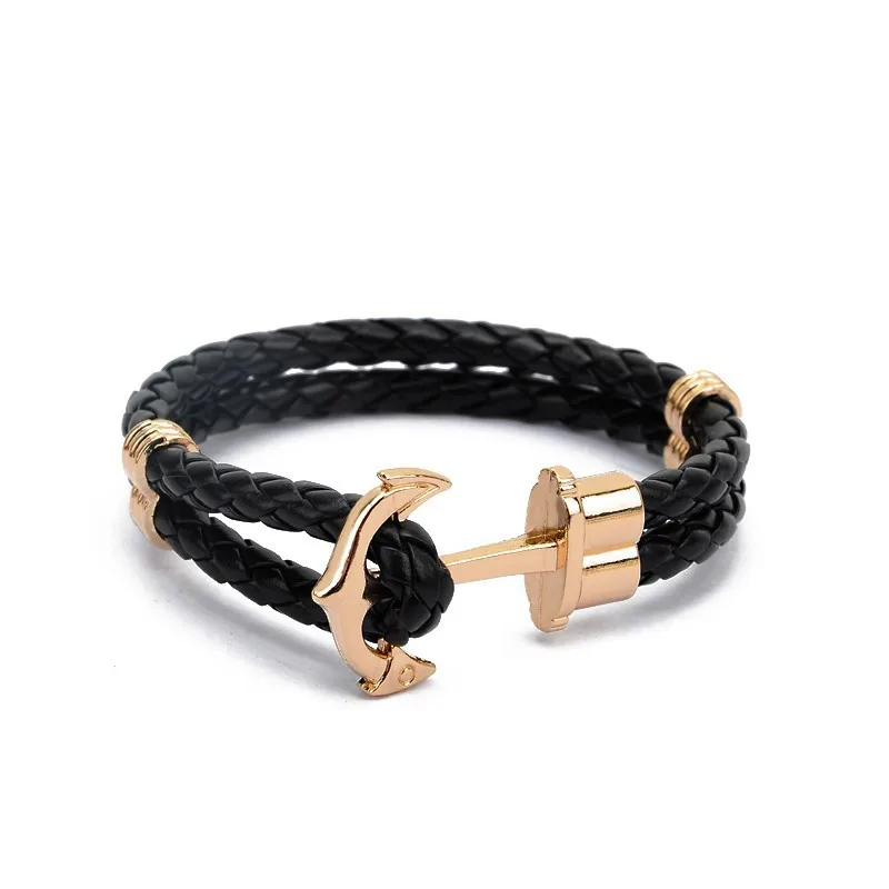 

Jiayiqi Punk Engraved Dragon Silver Gold Anchor Clasp Black Braid Genuine Leather Bracelet Men Jewelry Stainless Steel Bangle