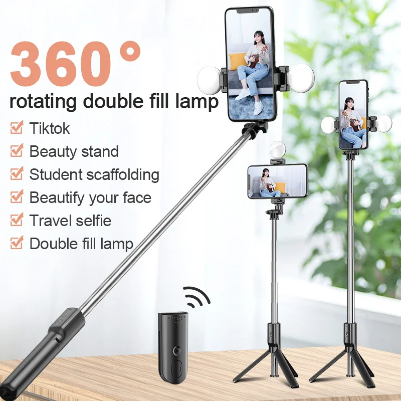 

Double LED Fill Light Bluetooth Remote Control Selfie Stick Tripod For Mobile Phone Desktop Stand Portable Stretchable Holder