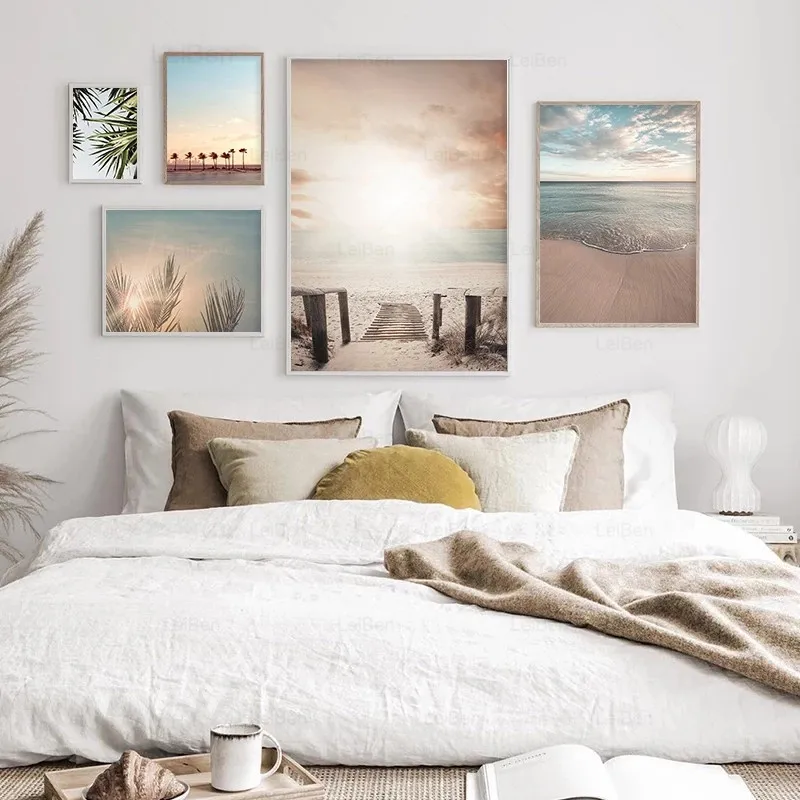 

Nature Ocean Landscape Painting Sunset Beach Scenery Wall Art Picture Tropical Palm Posters and Print Modern Home Decoration