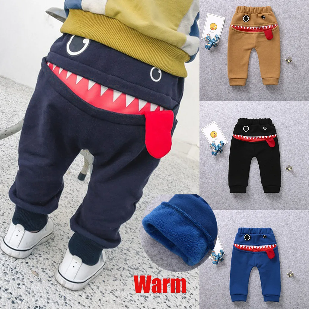 Фото Модные новые штаны для мальчиков детские теплые шаровары с мультяшным акуловым
