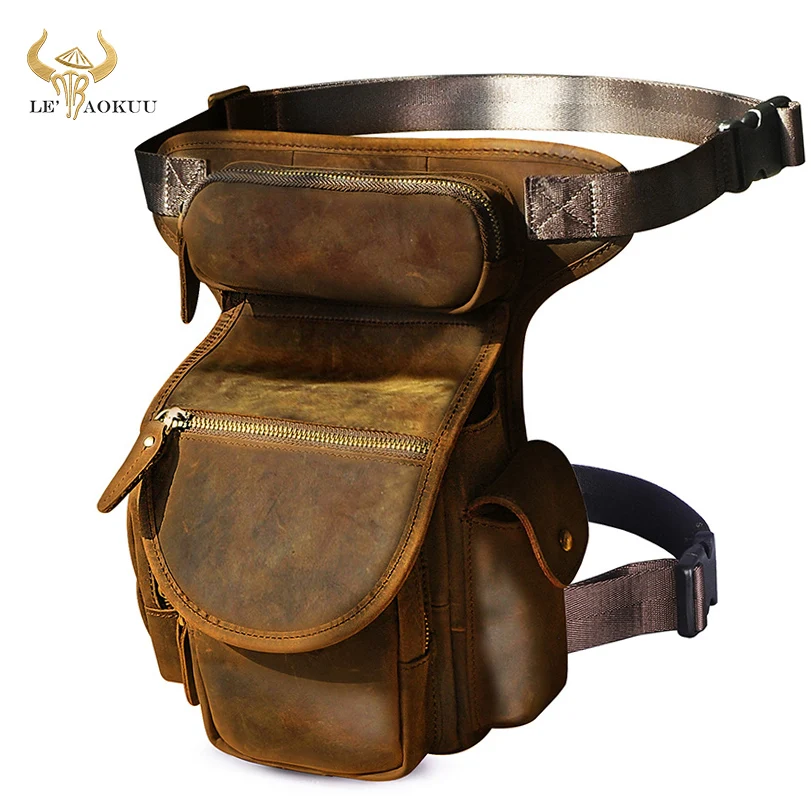 

Thick Crazy Horse Leather Men Design Messenger Sling Bag Vintage Travel Heavy Duty Fanny Waist Belt Pack Leg Thigh Bag Male 3109