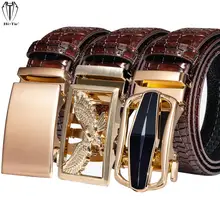 

High Quality Red Burgundy Genuine Leather Mens Belts Gold Automatic Buckles Waistband Ratchet for Dress Jeans Casual Wedding