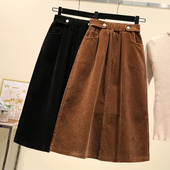 Plus Size Fashion Corduroy Women A-Line Long Skirts Fall Winter Female Black Khaki High Waisted Loose Elastic Mid-lenfth Skirts 
Plus Size Fashion Corduroy Women A-Line Long Skirts Fall Winter Female Black Khaki High Waisted Loose Elastic Mid-lenfth Skirts