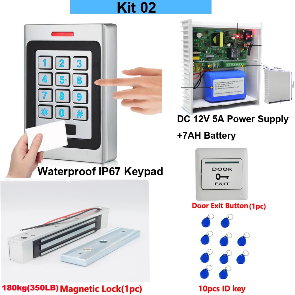 RFID Wapterproof card ketpad Access Control System sets DC12V 5A Power Supply w/ Backup Battery AC 100~240V 180kg Magnetic Lock |