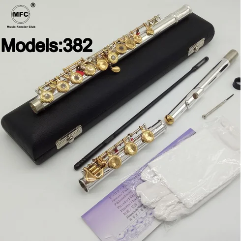 

Music Fancier Club Flute 382 Engraving Hand Carved Keys Gold Plating Flutes B Leg Open Holes 17 Gold Keys