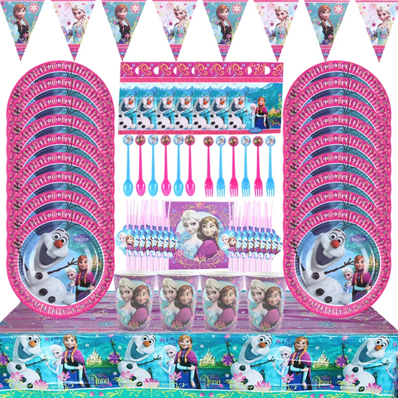 

Disney Frozen Theme Anna Elsa Party Supplies Disposable Tableware Set Cups Plates Napkins Straws Flag Birthday Party Decorations