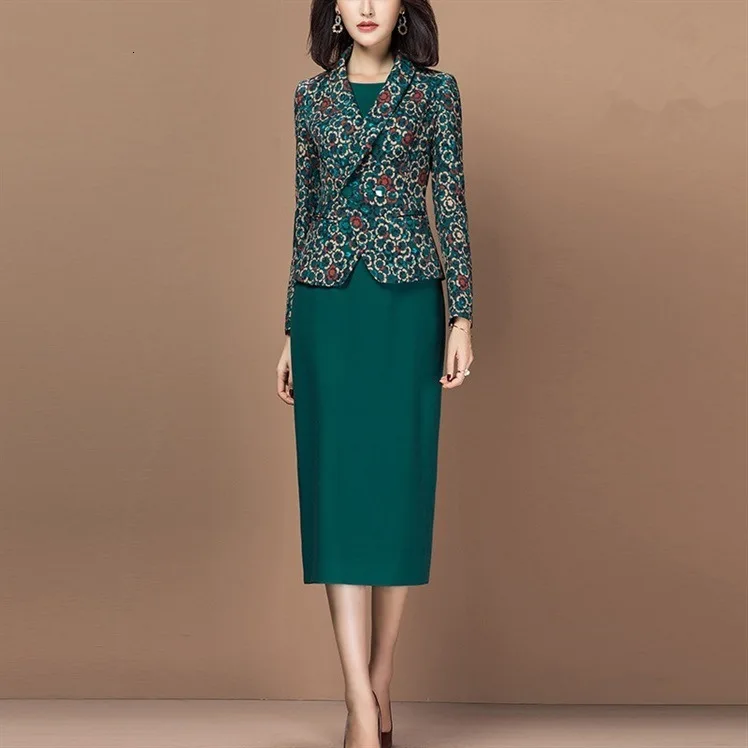 Women Suit Elegant Office Lady Formal Slim Long Sleeve Floral Blazer Jacket Sleeveless Pencil Dress Two Piece Set Outfits Female
Women Suit Elegant Office Lady Formal Slim Long Sleeve Floral Blazer Jacket Sleeveless Pencil Dress Two Piece Set Outfits Female