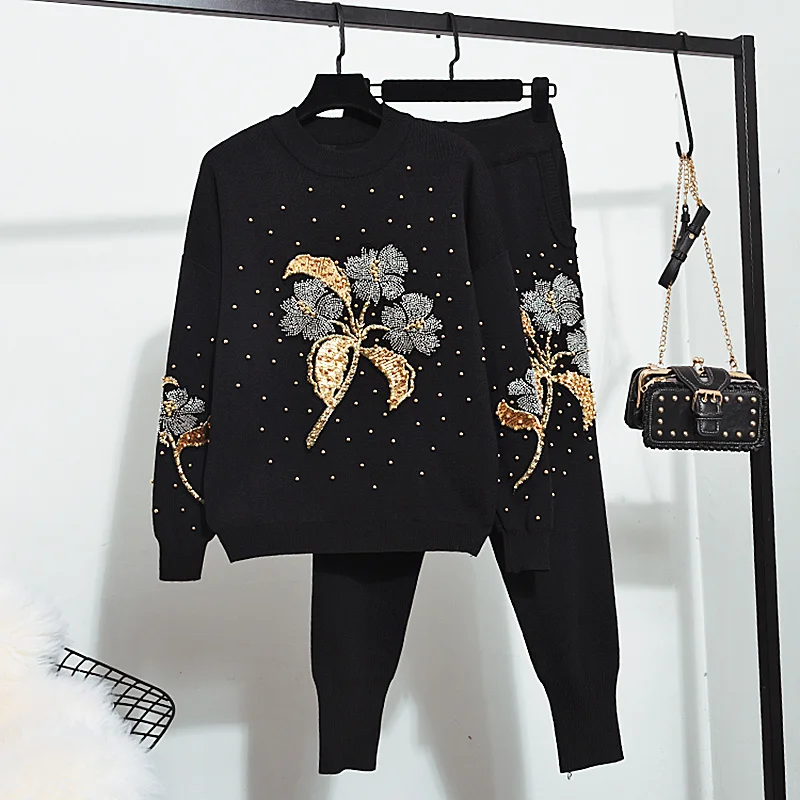 

Fashion Beading Flowers Knitted Tracksuits Set Women Loose Casual Black Long Sleeve Knit Sweater Pencil Pants Outfits 2pc Female