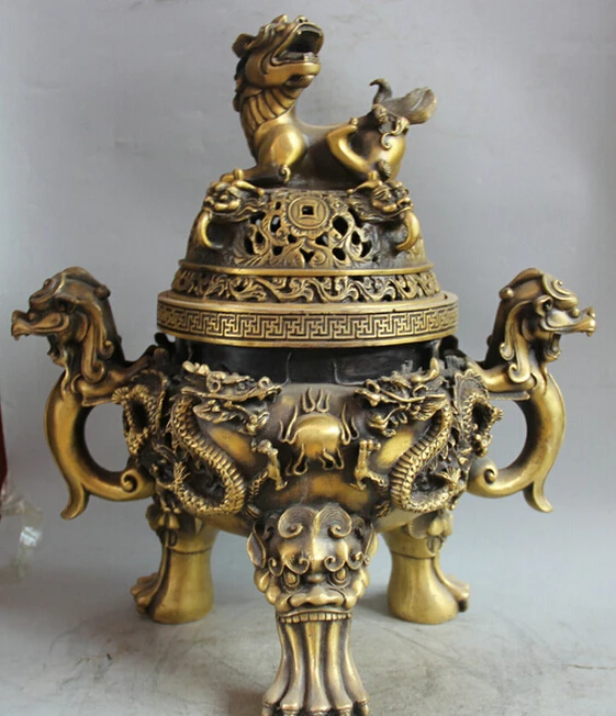 923+++ 19" Marked China Dynasty palace Copper Dragon lion handle Incense Burner Censer | Дом и сад